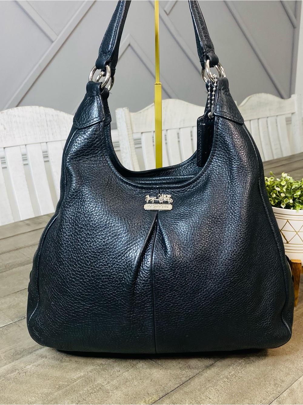 COACH Madison Maggie Black Pebbled Leather Hobo Shoulder Bag Purse - Picture 2 of 10